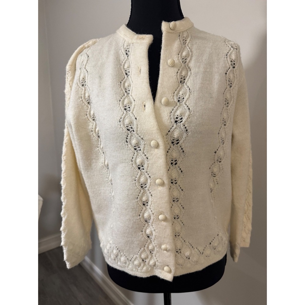 Rosanna Vintage Cream Pointelle Popcorn Bobble Knit Button Front Cardigan